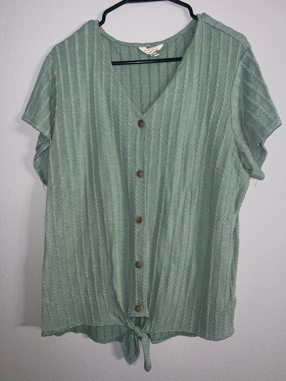 Weatherproof Sage Green Short-Sleeve Button-Front Tie-Hem Top